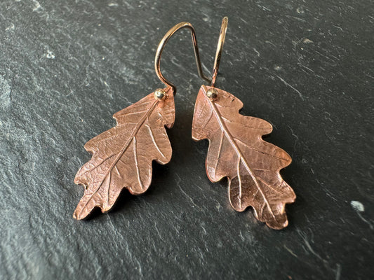 Baby oak leaf copper dangly earrings