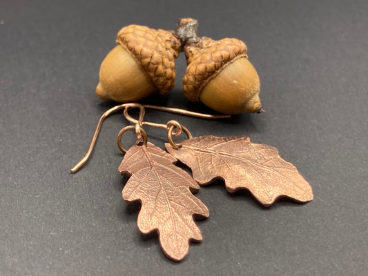 Baby oak leaf copper dangly earrings