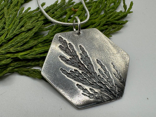 Evergreen imprint on Hexagon Silver Pendant