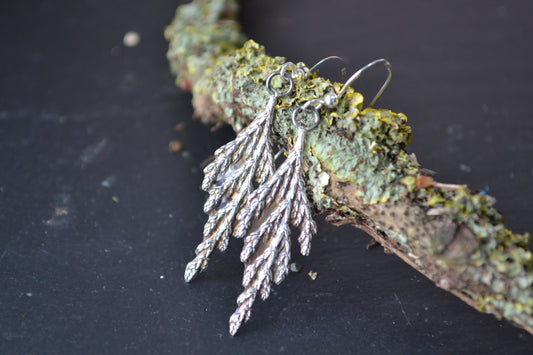 Evergreen leaf dangly sterling silver earrings