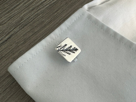 Evergreen Leaf Square Silver Cuff Links