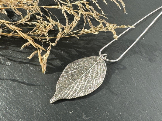 Handmade fine silver hydrangea leaf pendant necklace