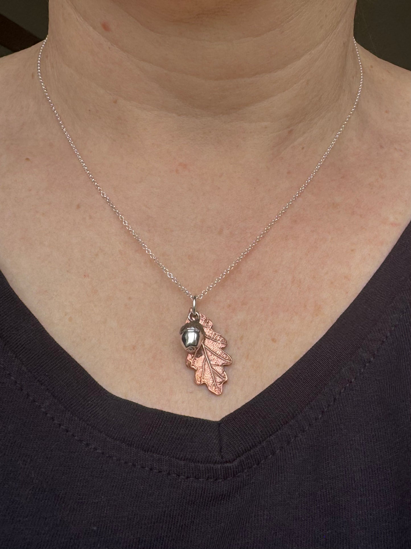 Copper baby oak leaf and silver acorn pendant
