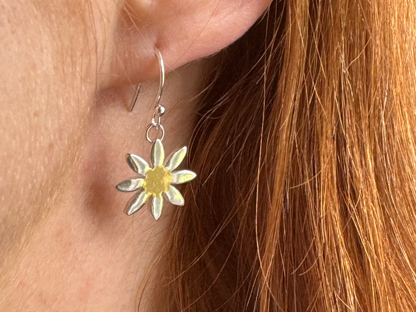 Handmade Silver and Gold Daisy dangly earrings