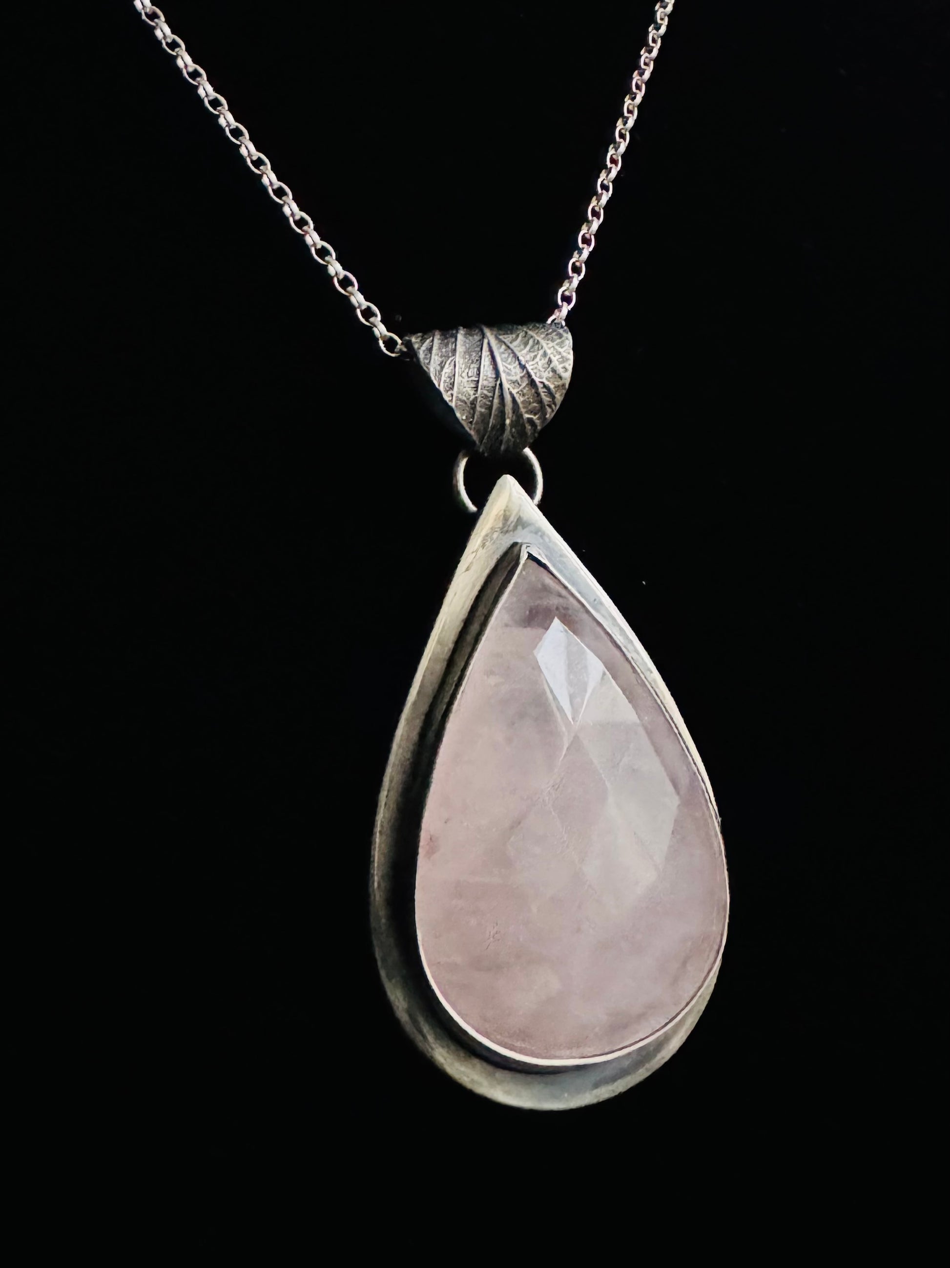 Handmade silver Rose quartz pendant with bramble leaf bail