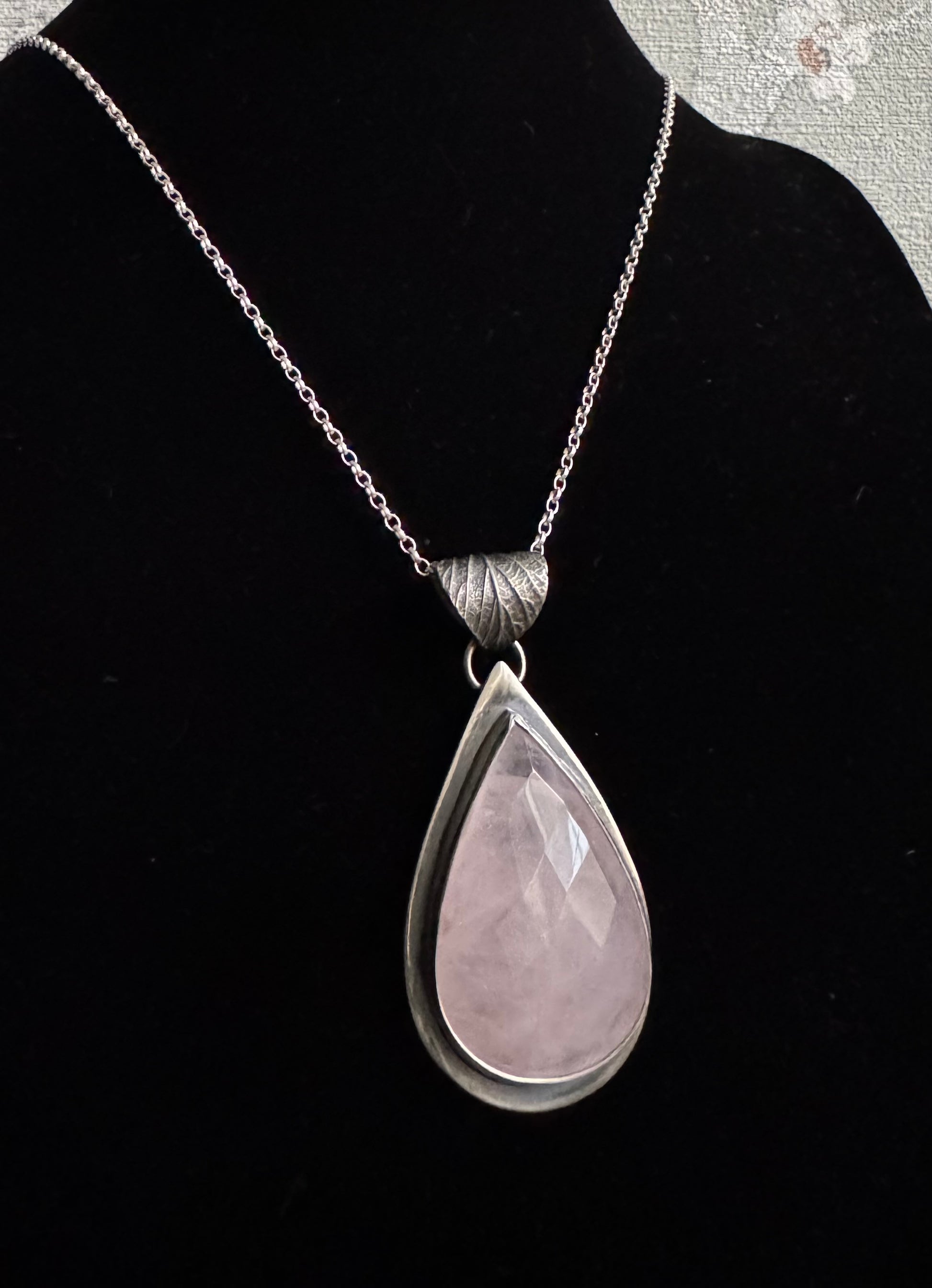 Handmade silver Rose quartz pendant with bramble leaf bail