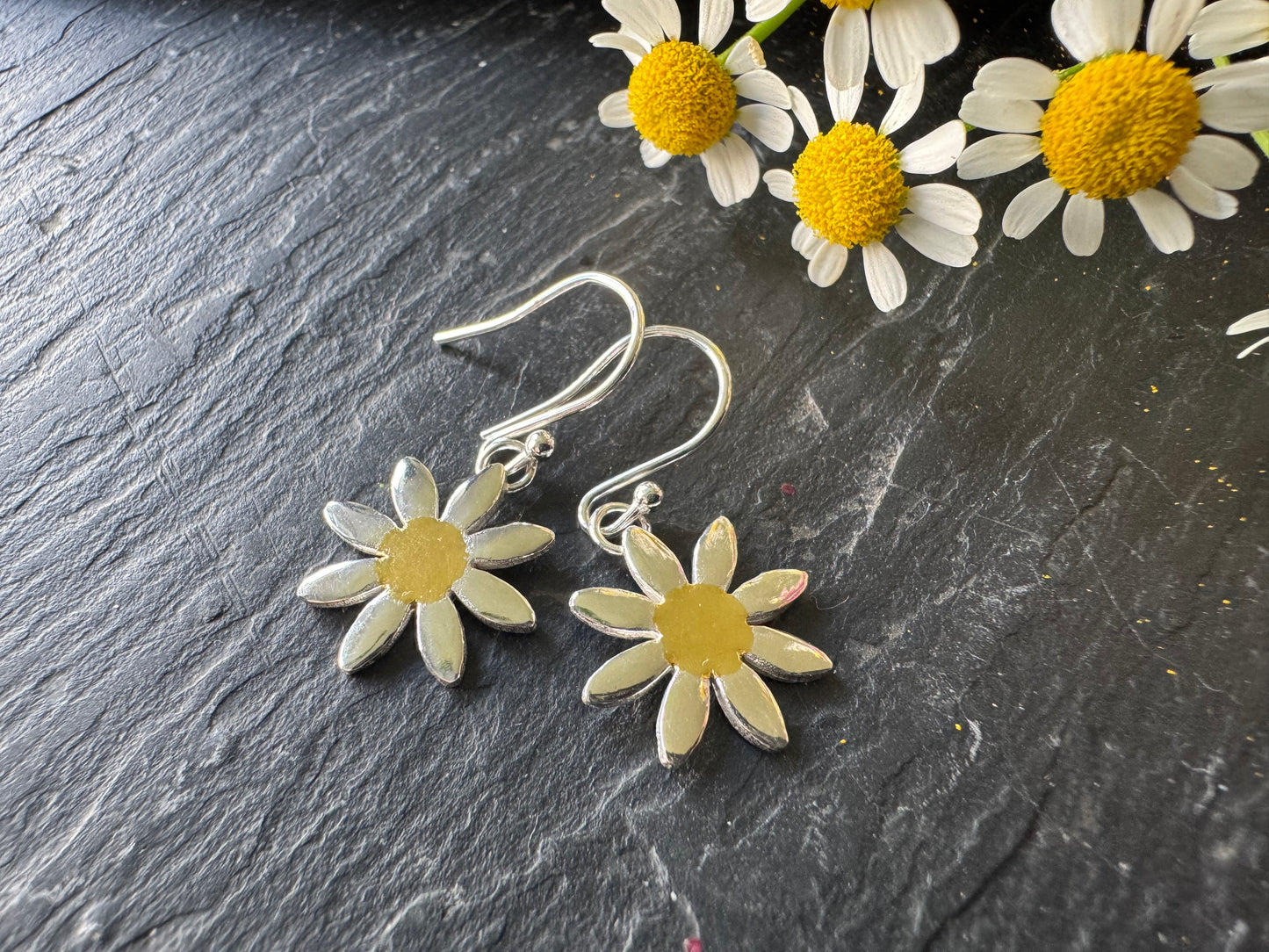 Handmade Silver and Gold Daisy dangly earrings