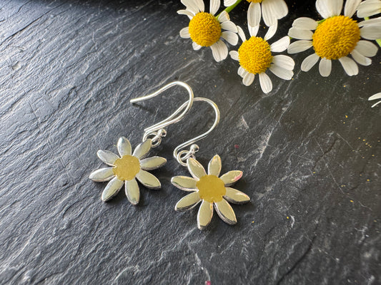 Handmade Silver and Gold Daisy dangly earrings