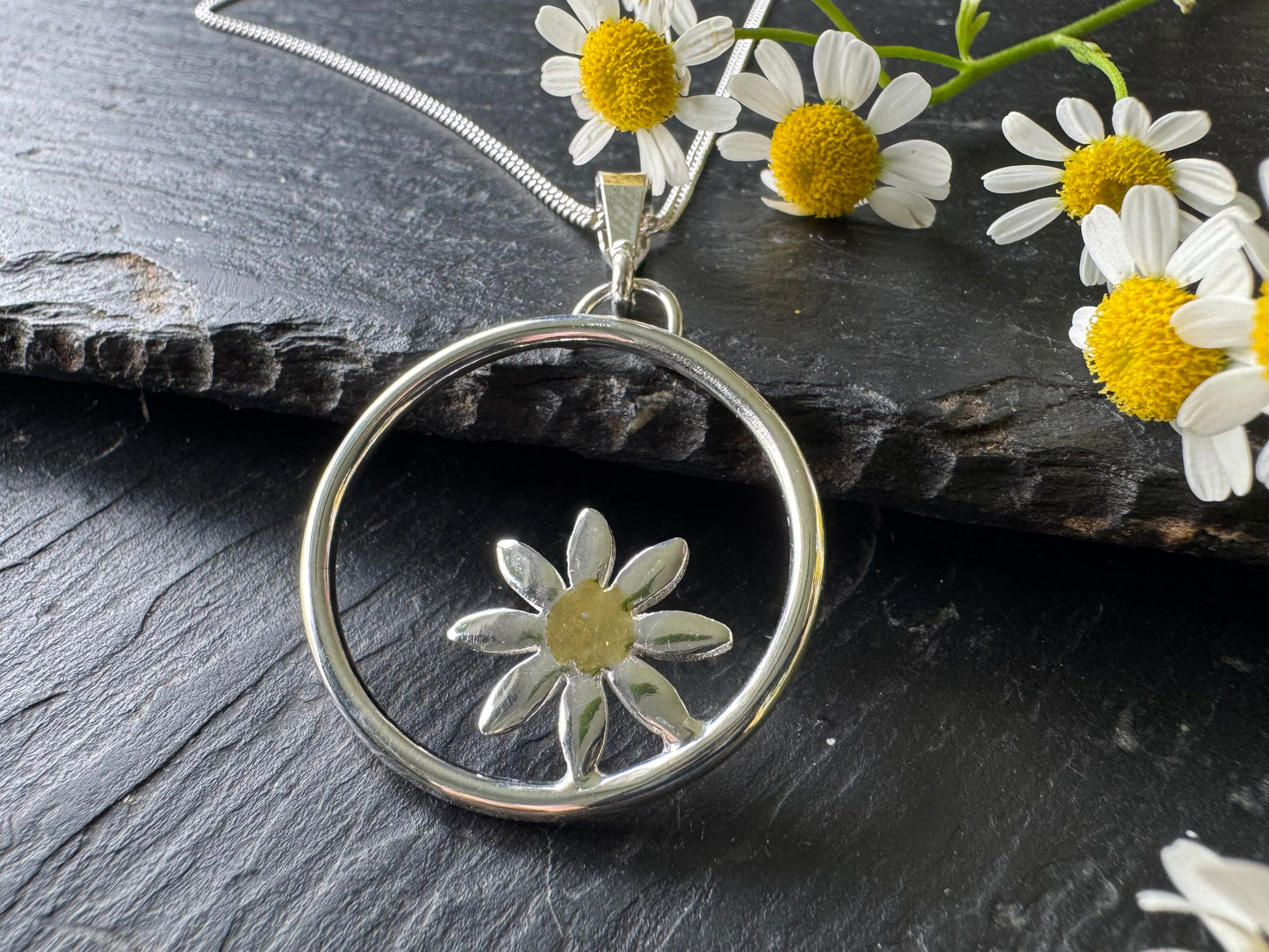 Handmade Daisy in hoop pendant - sterling silver and 24k gold detail