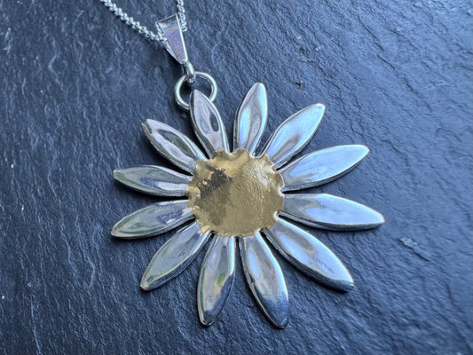 Large handmade silver and 24k gold daisy pendant