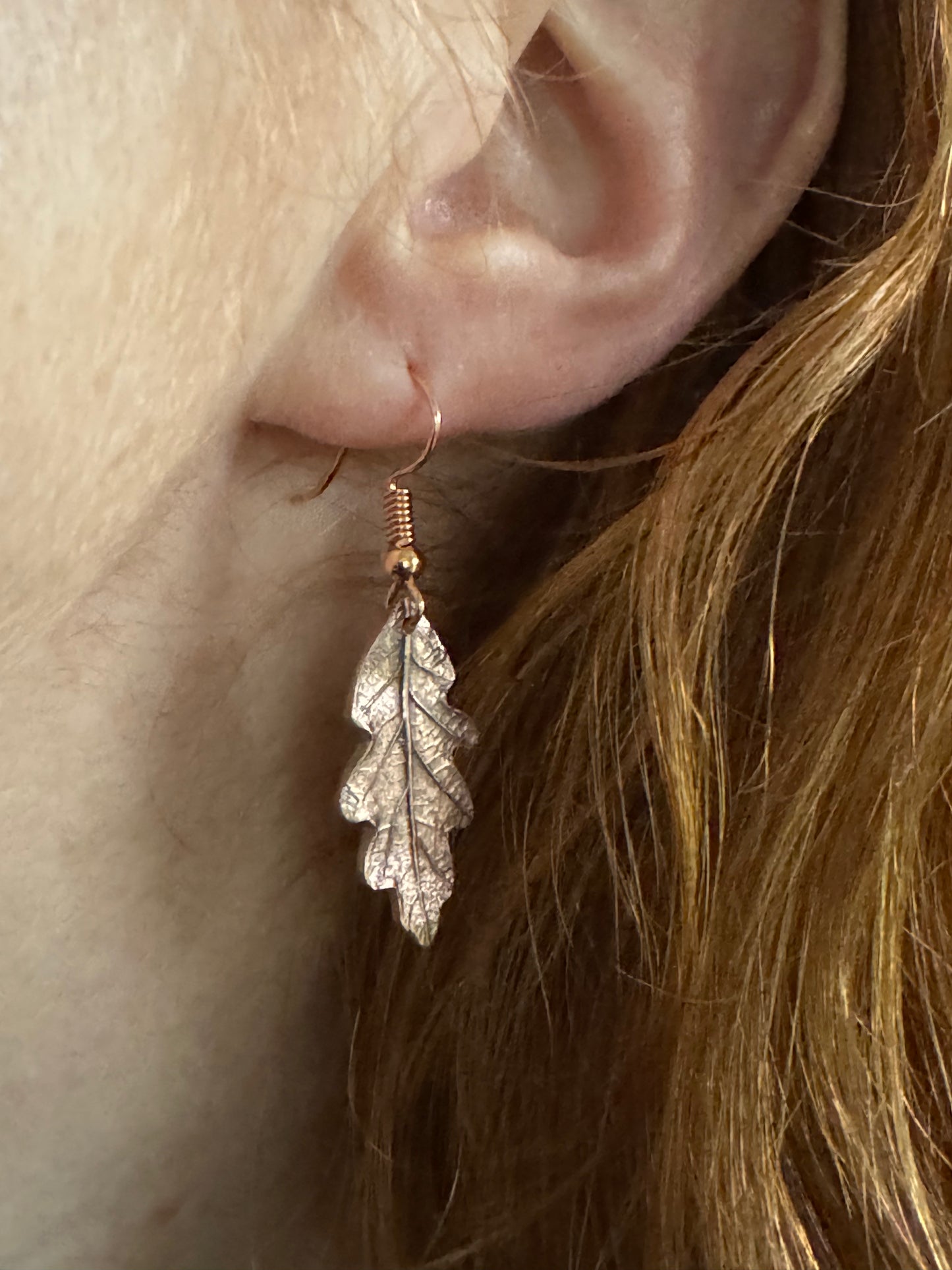 Baby oak leaf copper dangly earrings