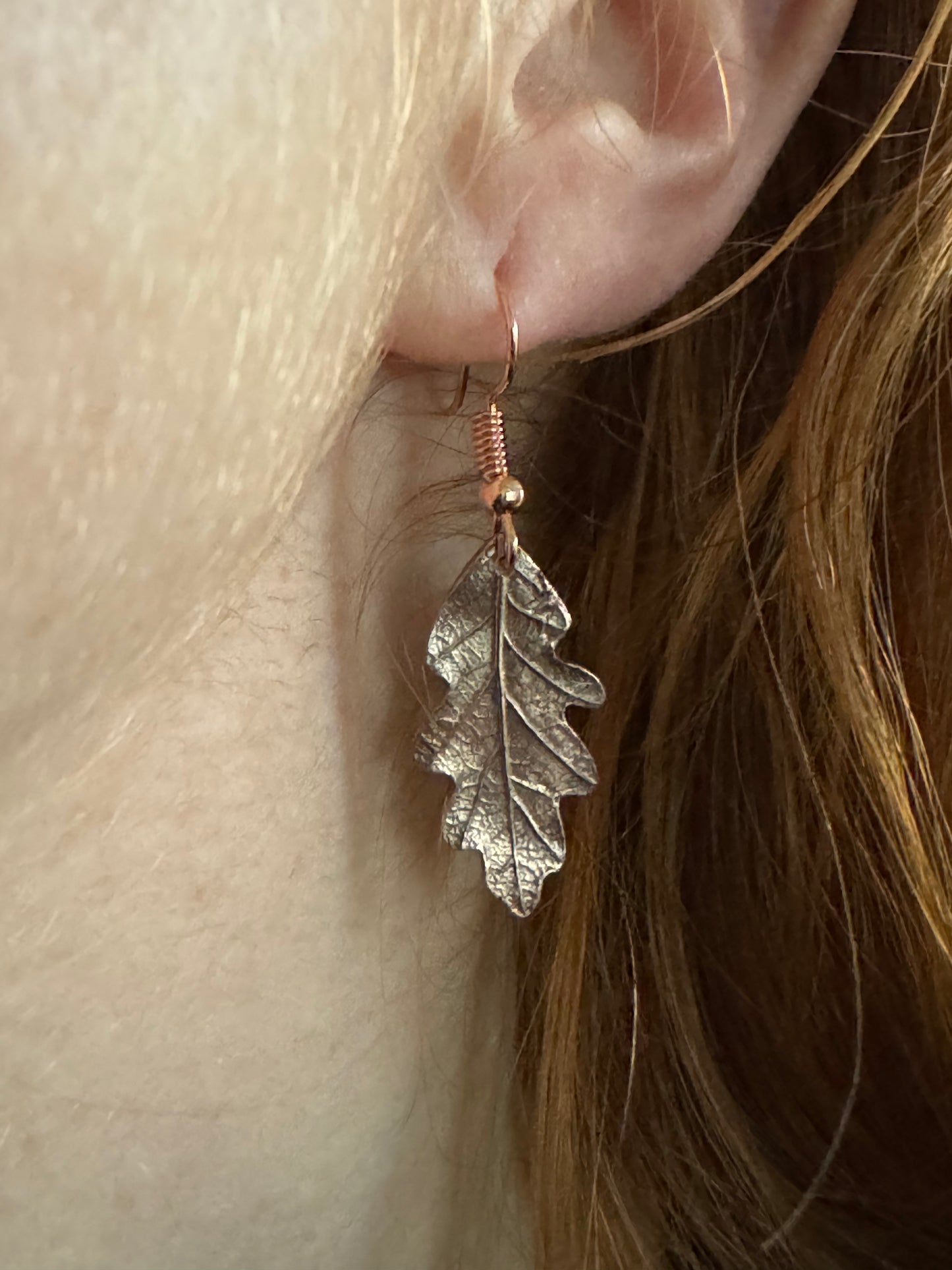 Baby oak leaf copper dangly earrings