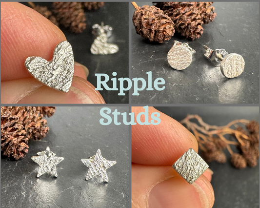 Handmade fine silver ripple heart stud earrings