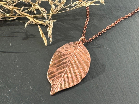 Handmade Copper Beech leaf pendant necklace