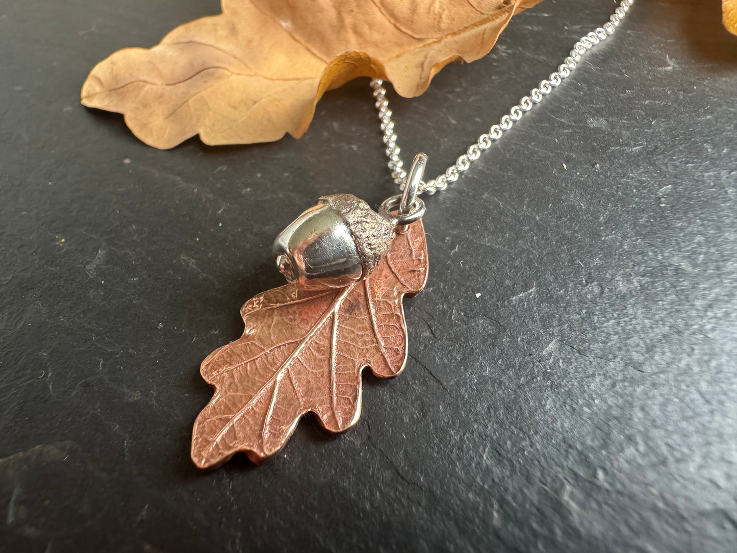 Copper baby oak leaf and silver acorn pendant