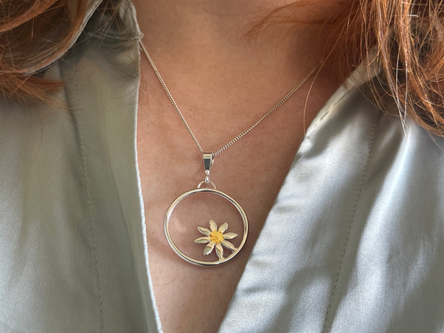 Handmade Daisy in hoop pendant - sterling silver and 24k gold detail