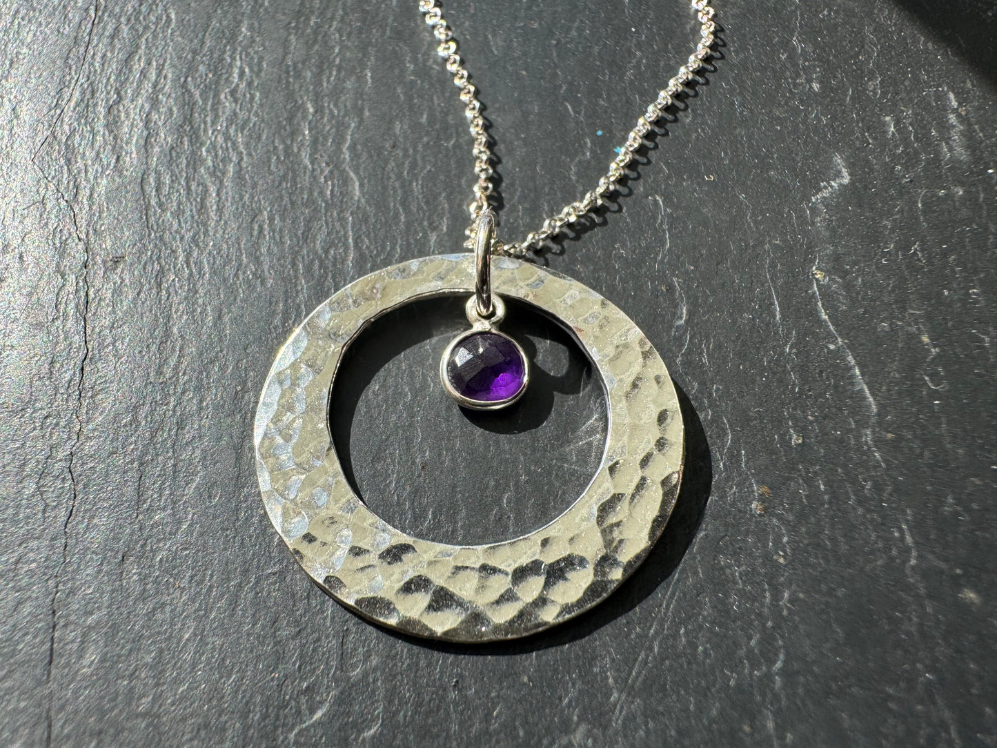 Handmade silver circle and gemstone pendant necklace