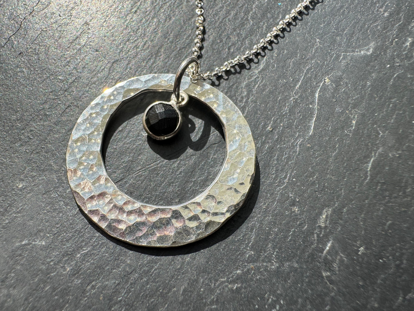 Handmade silver circle and gemstone pendant necklace