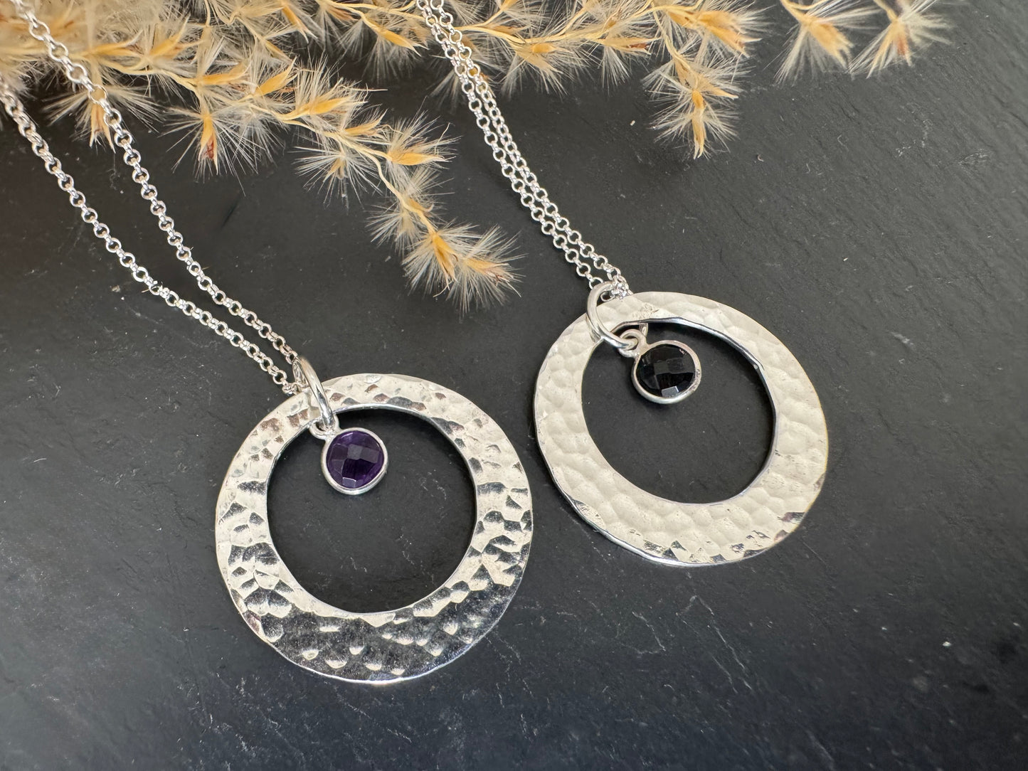Handmade silver circle and gemstone pendant necklace