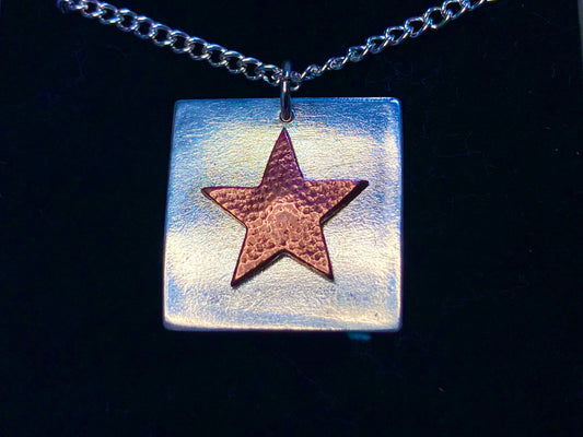 Handmade fine silver and copper star  square pendant necklace