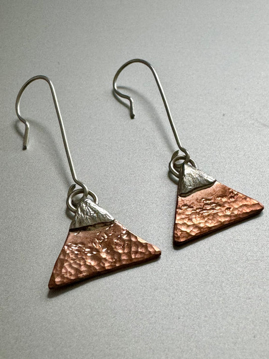 Handmade Mini Mountain Silver and Copper Dangly Earrings