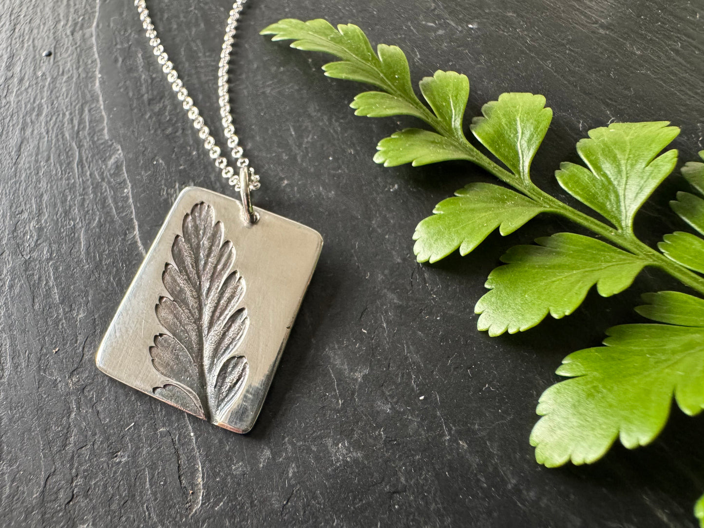 Handmade Silver Mother Fern Oblong Pendant