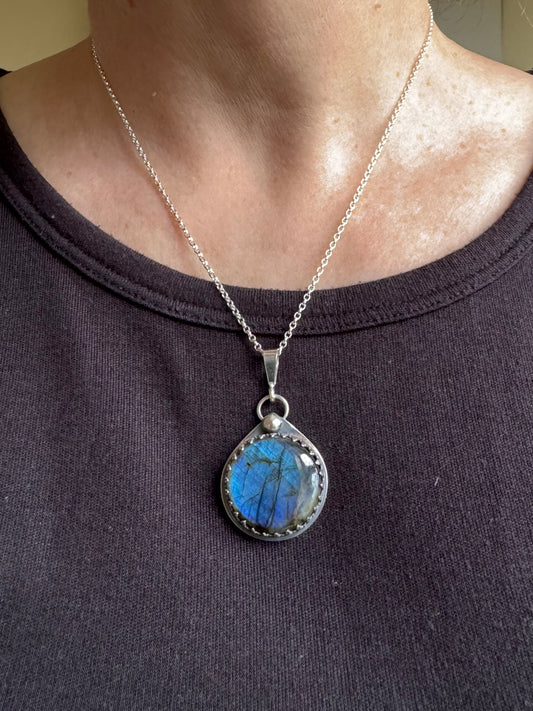 Handmade Blue Labradorite and Silver Pendant
