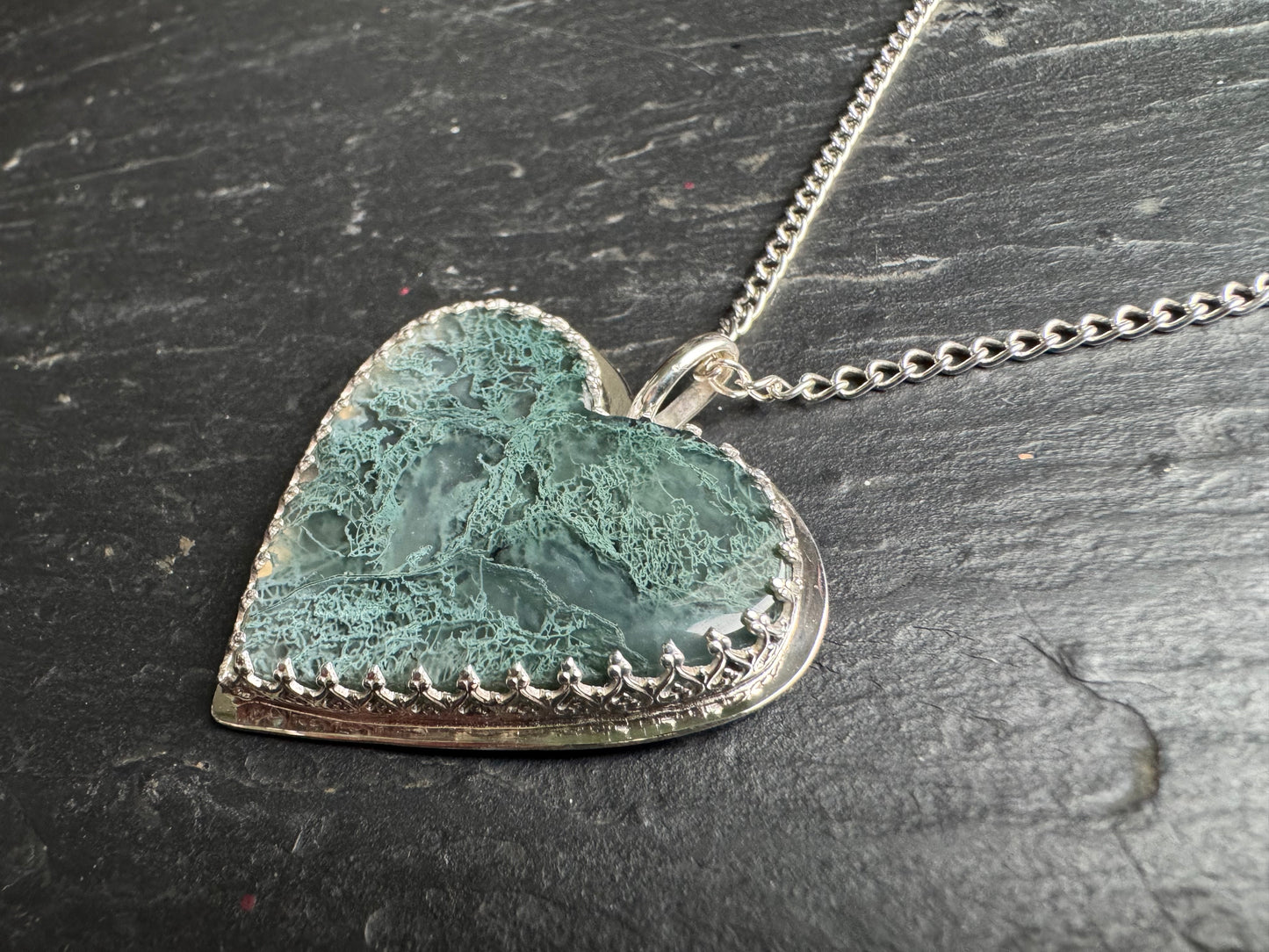 Handmade Silver and Lichen Moss Agate Heart Pendant