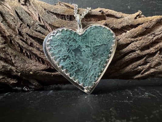 Handmade Silver and Lichen Moss Agate Heart Pendant