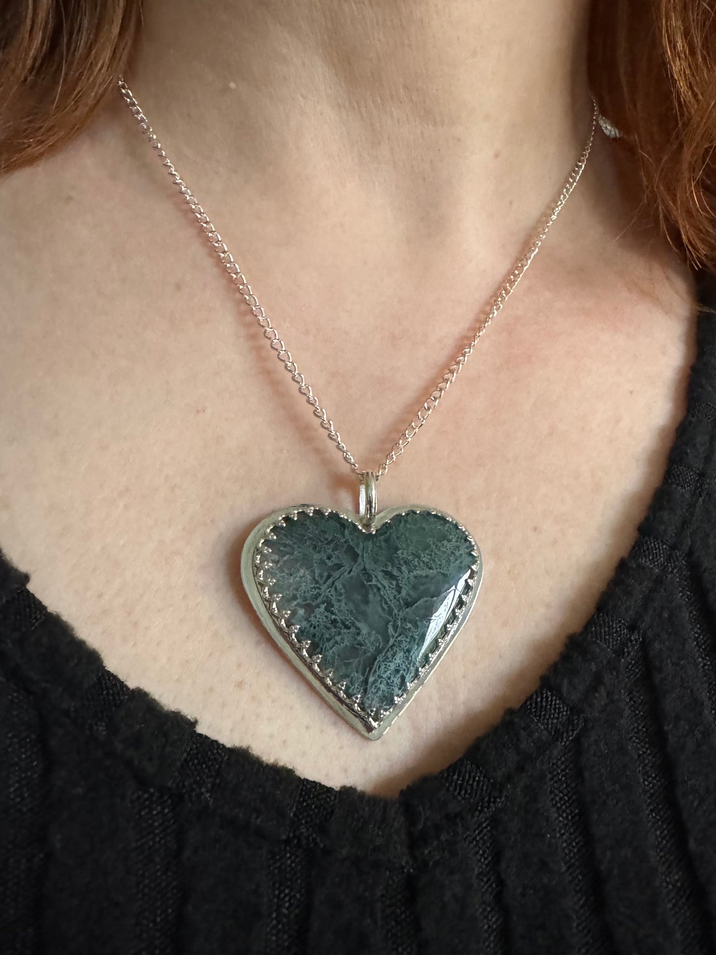 Handmade Silver and Lichen Moss Agate Heart Pendant