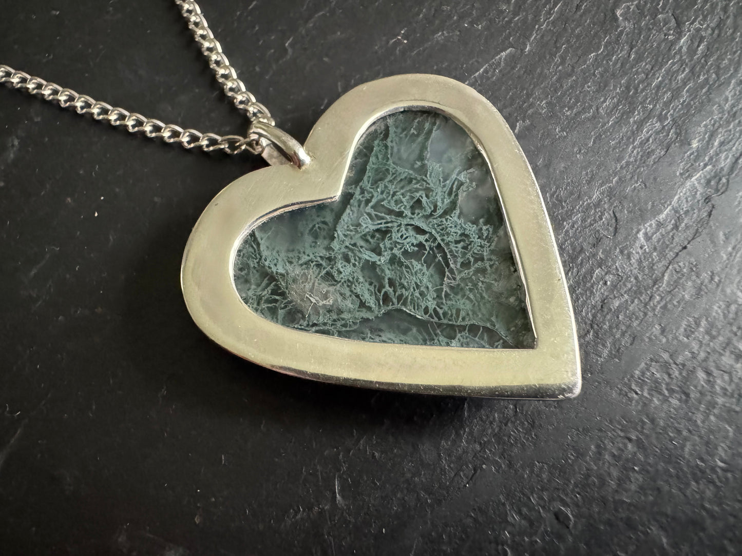 Handmade Silver and Lichen Moss Agate Heart Pendant